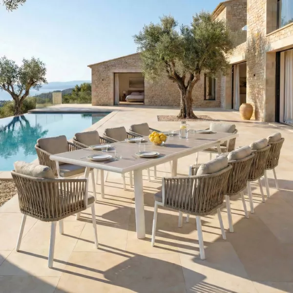 Table de jardin extensible automatique en aluminium 12 places (240/300 x 96 cm) Amalfi Blanc et taupe