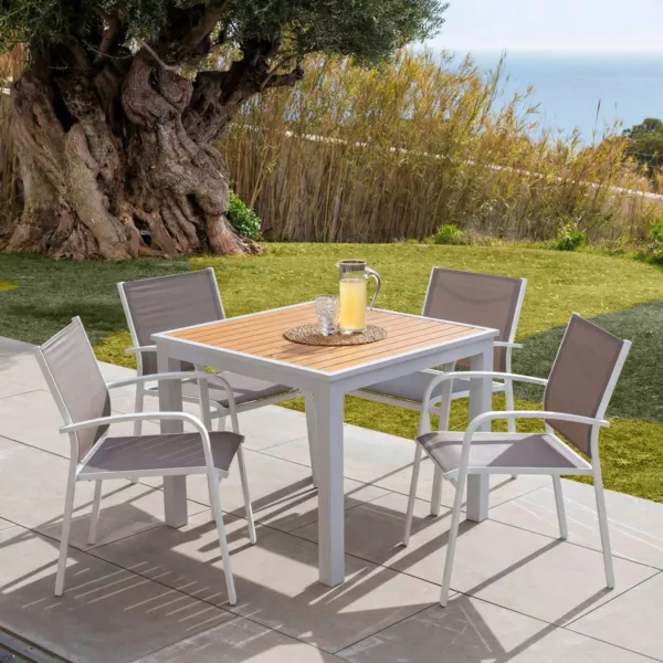 Vierkante aluminium tuin tafel voor 4 personen (89 x 89 cm) Murano Wit en houteffect