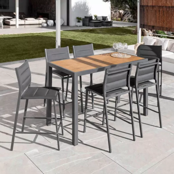 Table de jardin haute en aluminium 6 places (160 x H105 cm) Murano Gris anthracite et effet bois