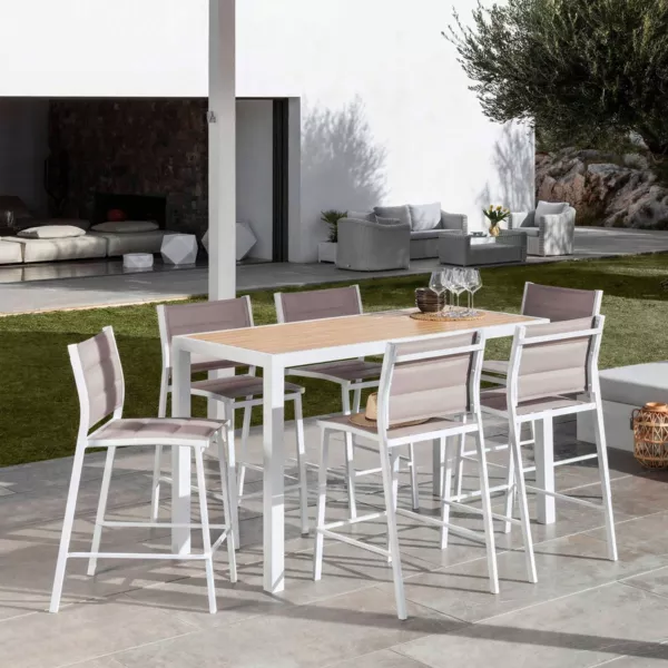 Table de jardin haute en aluminium 6 places (160 x H105 cm) Murano Blanc et effet bois