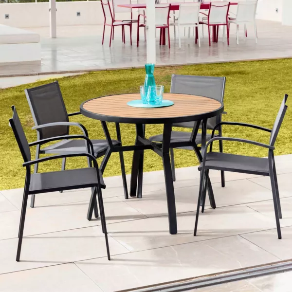 Ronde aluminium tuin tafel 5 plaatsen (D105 cm) Murano Antracietgrijs en houteffect