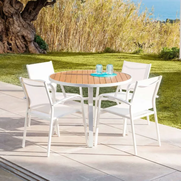 Table de jardin ronde en aluminium 5 places (D105 cm) Murano Blanc et effet bois