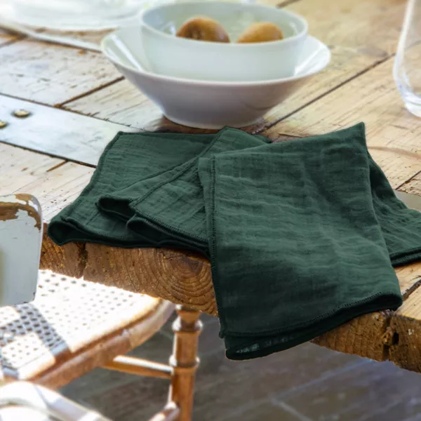 Lot de 3 serviettes de table gaze de coton (40 x 40 cm) Ga�a Vert sapin