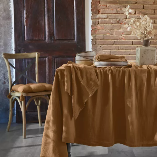 Mantel rectangular en gasa de algod�n (L250 cm) Ga�a Camel