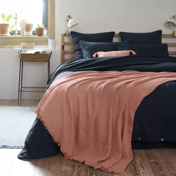 Plaid gaze de coton (180 x 220 cm) Ga�a Rose p�che