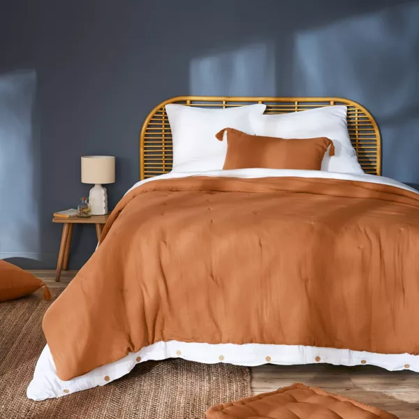 Gestikte katoenen gaas bedsprei (260 x 240 cm) Ga�a Abricot