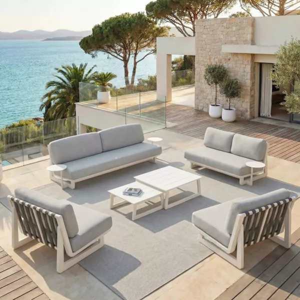 Set da giardino in alluminio 7 posti 6 pezzi Long Beach Bianco cenere e grigio chiaro