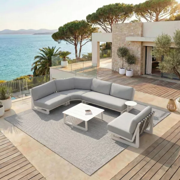 Ecksofa-Gartenm�belset aus Aluminium, 5 Sitzpl�tze, 5-teilig, Long Beach in Aschwei� und Hellgrau