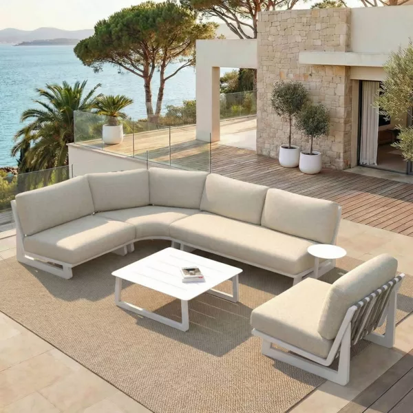 Salon de jardin d'angle en aluminium 5 places 5 pcs Long Beach Blanc cendr� et beige