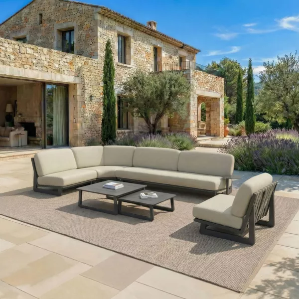Salon de jardin d'angle en aluminium 6 places 6 pcs Long Beach Gris anthracite et taupe
