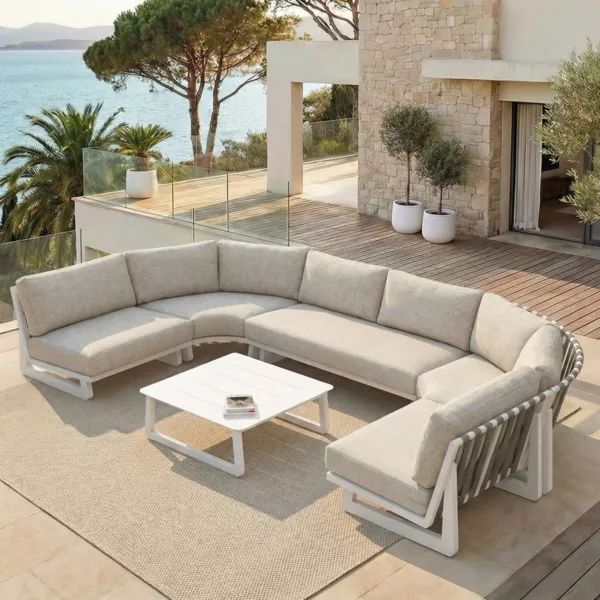 Salon de jardin d'angle en aluminium 6 places Long Beach Blanc cendr� et taupe