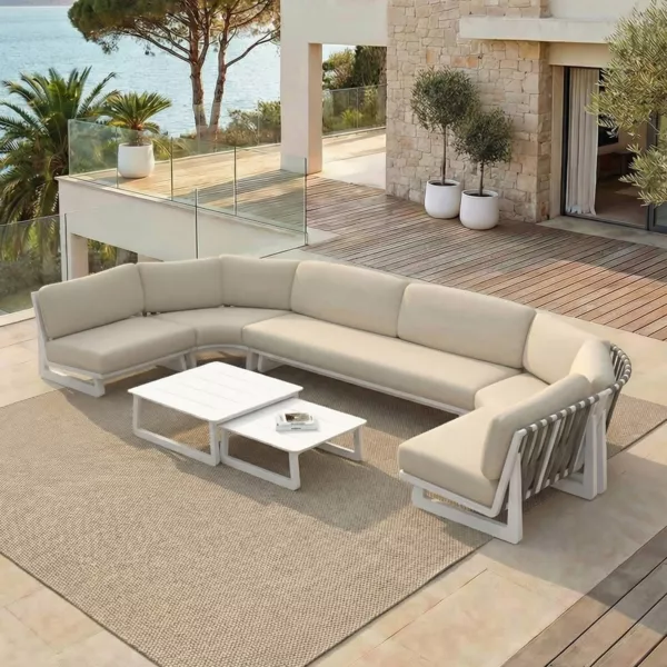 Conjunto de jardín esquinero de aluminio 7 plazas 7 piezas Long Beach Blanco ceniza y topo