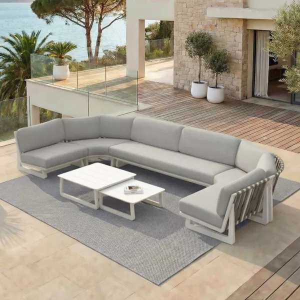 Set da giardino angolare in alluminio 7 posti 7 pezzi Long Beach Bianco cenere e grigio chiaro