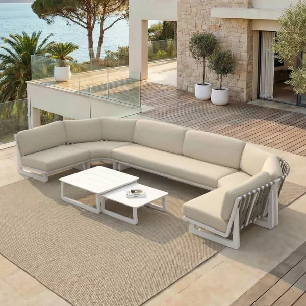 Ecksofa-Gartenm�bel aus Aluminium, 7 Sitzpl�tze, 7-teilig, Long Beach, Aschwei� und Beige