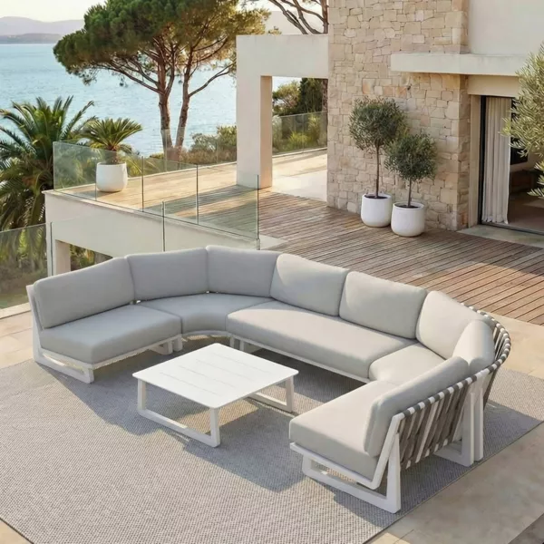 Salon de jardin d'angle en aluminium 6 places Long Beach Blanc cendr� et gris clair