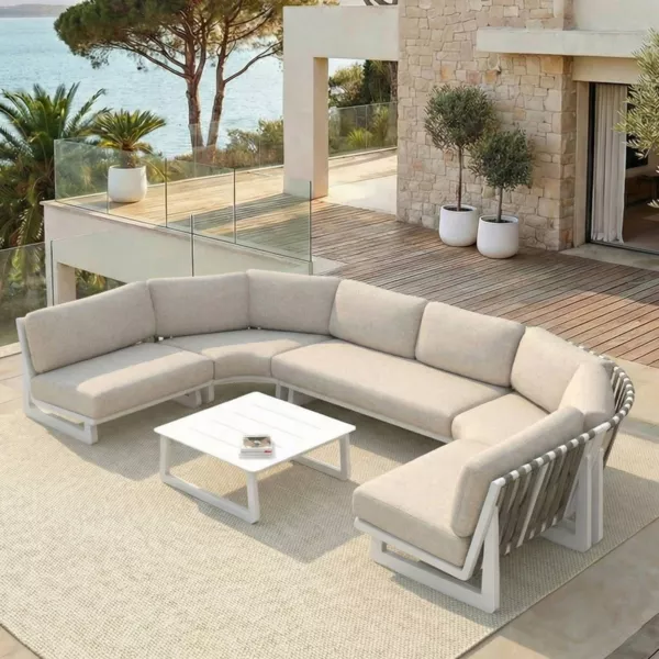 Salon de jardin d'angle en aluminium 6 places Long Beach Blanc cendr� et beige