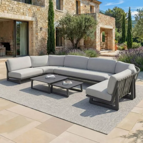 Set angolare da giardino in alluminio 7 posti 7 pezzi Long Beach Antracite e grigio chiaro
