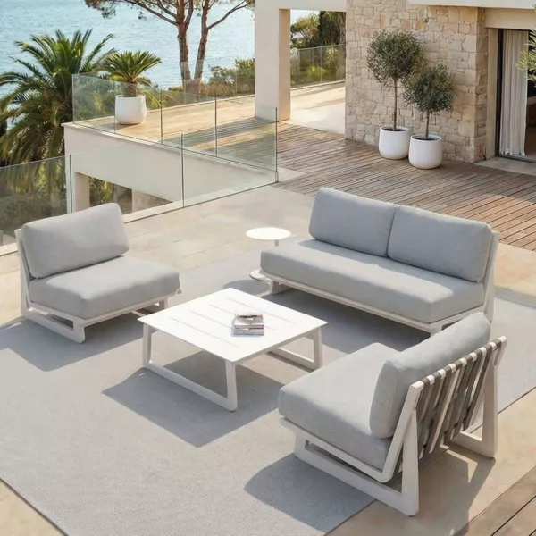 Set da giardino in alluminio 4 posti 4 pezzi Long Beach Bianco cenere e grigio chiaro