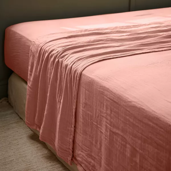 Drap plat gaze de coton (270 x 300 cm) Gaïa Rose pêche