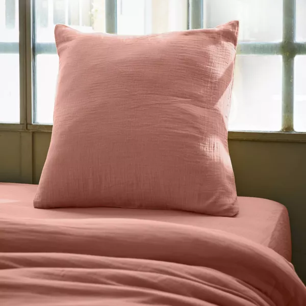 Taie d'oreiller carr�e gaze de coton (60 x 60 cm) Ga�a Rose p�che