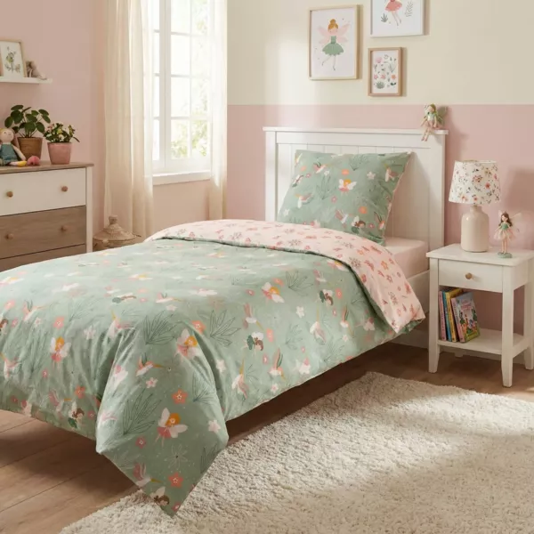 Housse de couette et une taie enfant coton (140 x 200 cm) F�e Multicolore