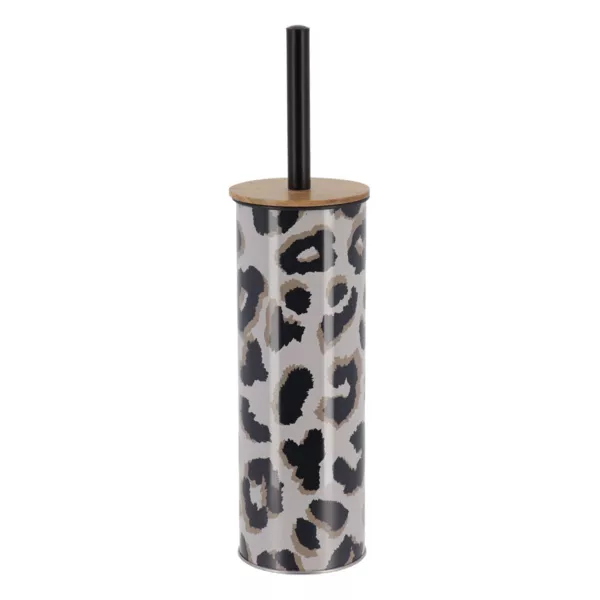 Scopino per WC con coperchio in metallo e acacia leopardata Serengeti Nero