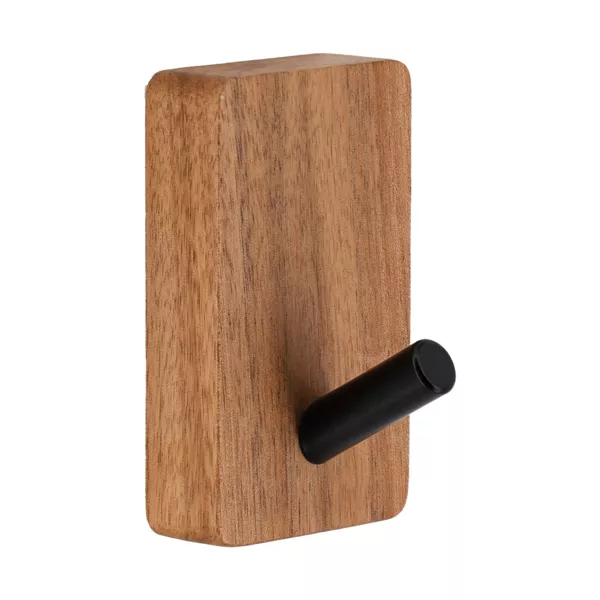 Percha simple adhesiva de metal y acacia Elena Negro