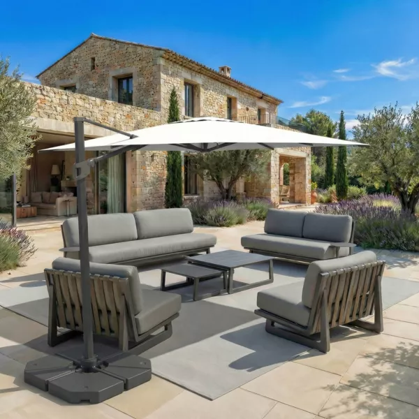 Parasol d�port� carr� aluminium avec pied (3 x 3 m) Elyra Anthracite et Blanc