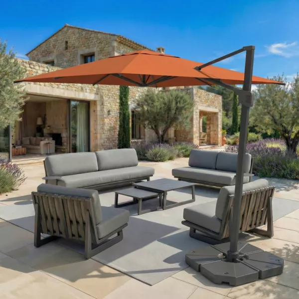 Vierkante aluminium zweefparasol met voet (3 x 3 m) Elyra Antraciet en Terracotta