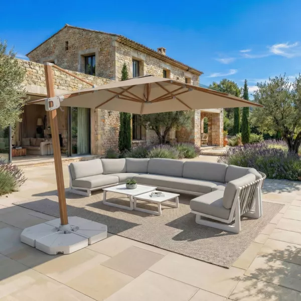 Ombrellone decentrato quadrato in alluminio con base (3 x 3 m) Elyra effetto legno e Tortora