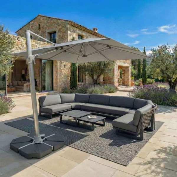 Ombrellone decentrato quadrato in alluminio con base (3 x 3 m) Elyra Metallico lucido e Grigio