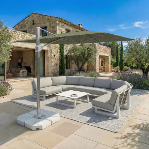 Quadratischer Aluminium-Sonnenschirm mit St�nder (3 x 3 m) Elyra in Gl�nzendem Metall und Olivgr�n