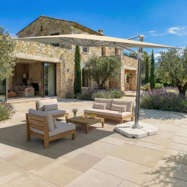 Parasol d�port� carr� aluminium avec pied (3 x 3 m) Elyra M�tallis� brillant et Beige
