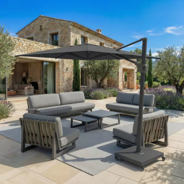 Quadratischer Aluminium-Sonnenschirm mit St�nder (3 x 3 m) Elyra Anthrazit