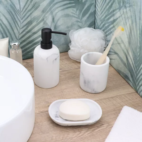 Set gobelet distributeur et porte-savon polyr�sine effet marbre S�ma Blanc