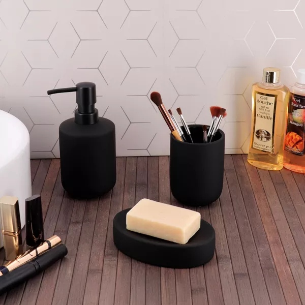 Set bicchiere portasapone e distributore in gr�s Timeless Nero