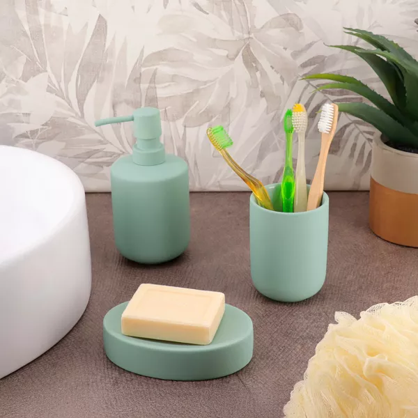 Set gobelet distributeur et porte-savon gr�s Timeless Vert eucalyptus