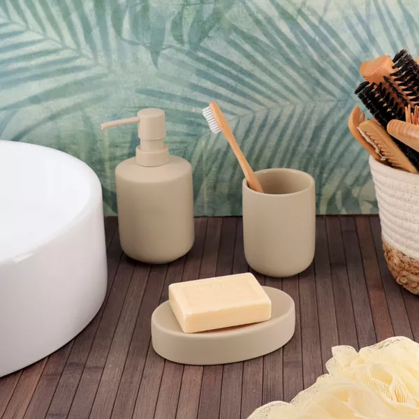 Set de vaso, dispensador y jabonera de gres Timeless Beige