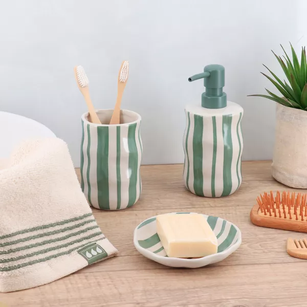 Set gobelet distributeur et porte-savon gr�s ray� Jeanne Vert sauge