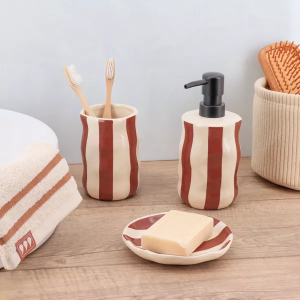 Set gobelet distributeur et porte-savon gr�s ray� Jeanne Taupe