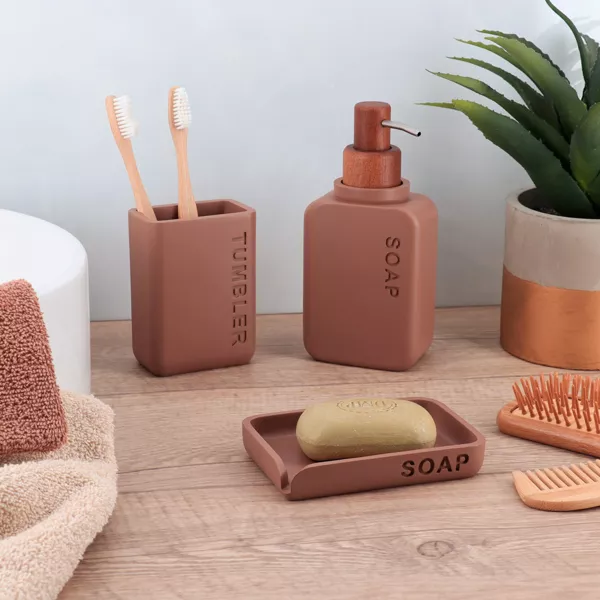 Set gobelet distributeur et porte-savon polyr�sine grav�e Sia Marron mocha