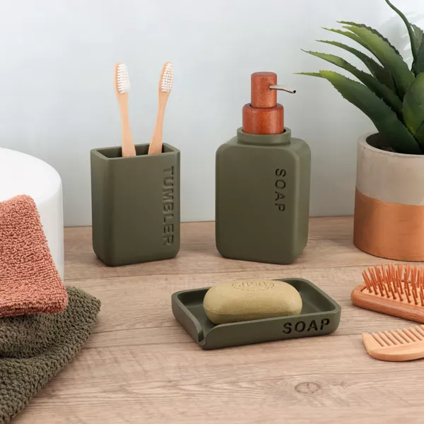 Set gobelet distributeur et porte-savon polyr�sine grav�e Sia Vert olive
