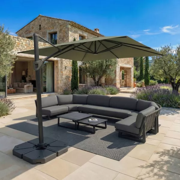 Parasol d�port� rectangulaire aluminium avec pied (3 x 4 m) Elyra Anthracite et Vert olive