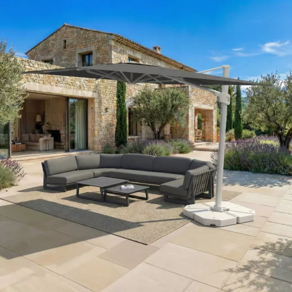 Parasol d�port� rectangulaire aluminium avec pied (3 x 4 m) Elyra Blanc et Anthracite