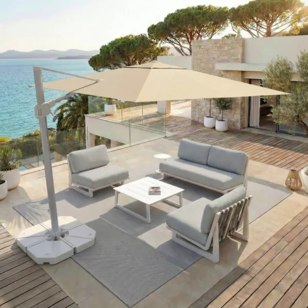 Parasol d�port� rectangulaire aluminium avec pied (3 x 4 m) Elyra Blanc et Beige