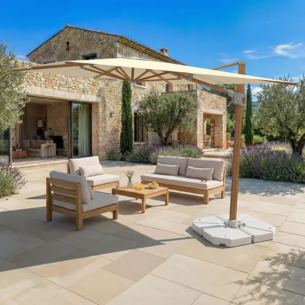 Parasol d�port� rectangulaire aluminium avec pied (3 x 4 m) Elyra effet bois et Beige