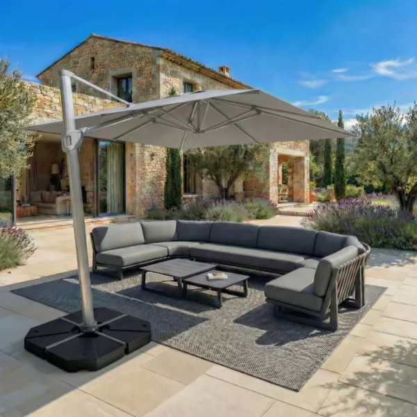 Parasol d�port� rectangulaire aluminium avec pied (3 x 4 m) Elyra M�tallis� brillant et Gris