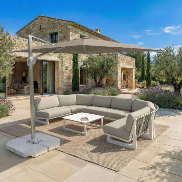 Parasol d�port� rectangulaire aluminium avec pied (3 x 4 m) Elyra M�tallis� brillant et Taupe