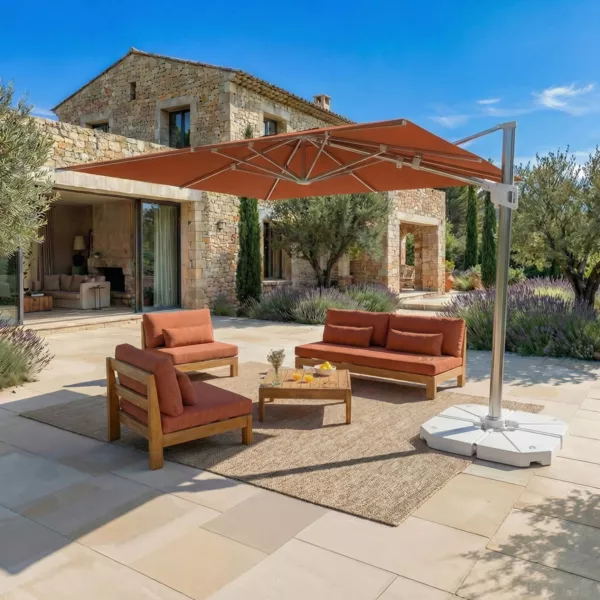 Ombrellone decentrato rettangolare in alluminio con base (3 x 4 m) Elyra Metallico lucido e Terracotta