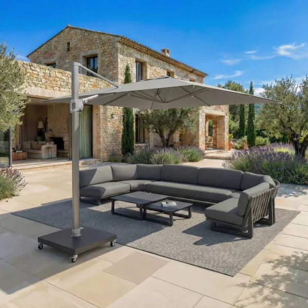 Ombrellone decentrato rettangolare in alluminio con base (3 x 4 m) Elyra Metallico lucido e Grigio
